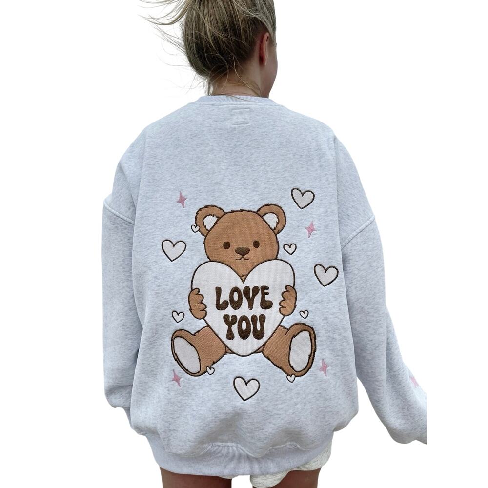 SUNKISSED COCONUT Teddy Bear Love You Embroider Embroidered Sweatshirt Hearts M